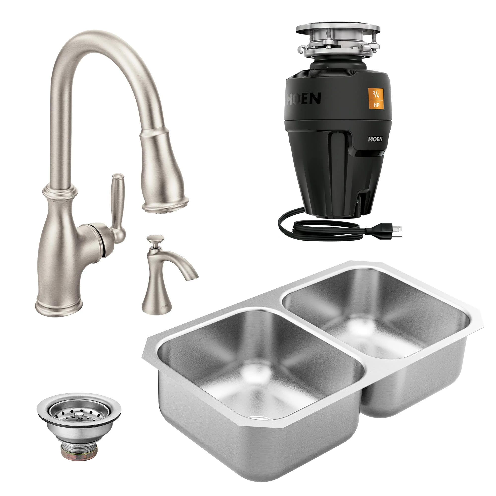 Moen Kitchen Sink Stainless Steel Basket Strainer With Drain Assembly, 3-1/2 Inch Sink Drain Stopper Plug, 22036